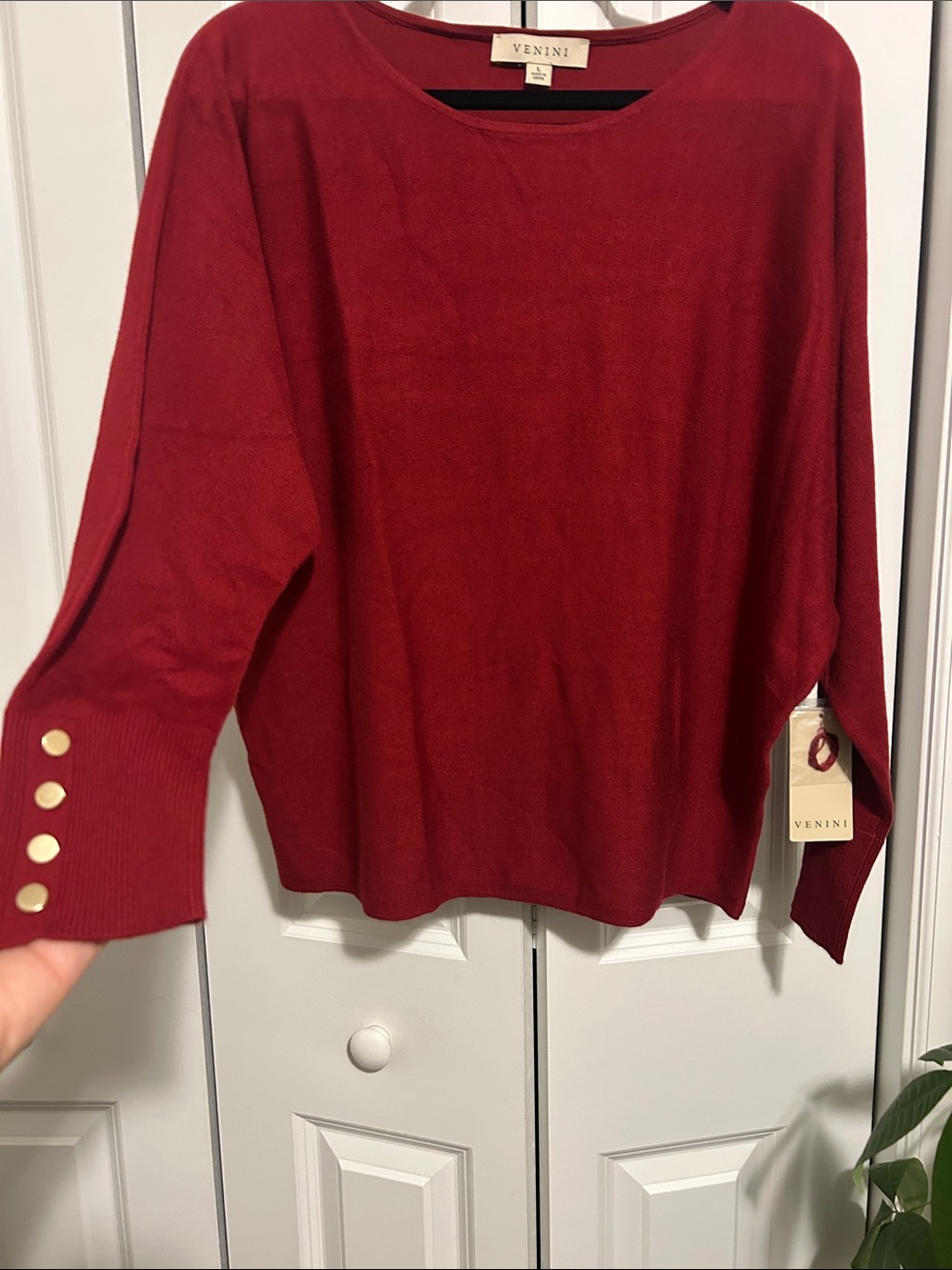 Venini Deep Red Crewneck Sweater with Gold Button Cuffs